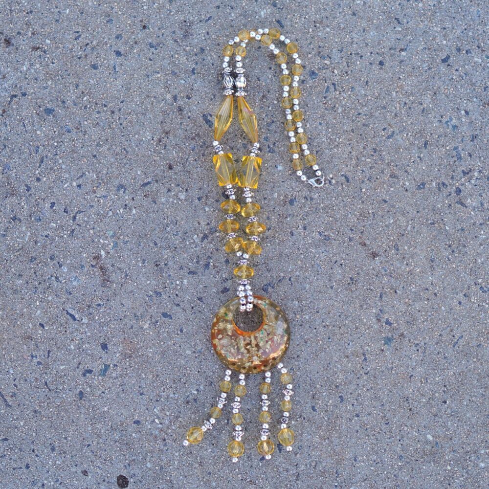 Handmade Gold Beaded Necklace Resin Donut Pendant Boho Statement Jewelry